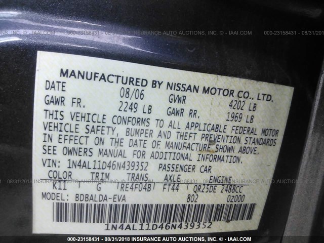 1N4AL11D46N439352 - 2006 NISSAN ALTIMA S/SL GRAY photo 9