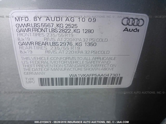 WA1VKAFP5AA047301 - 2010 AUDI Q5 PRESTIGE GRAY photo 9