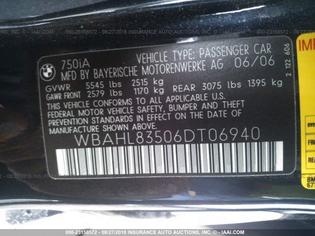 WBAHL83506DT06940 - 2006 BMW 750 I BLACK photo 9
