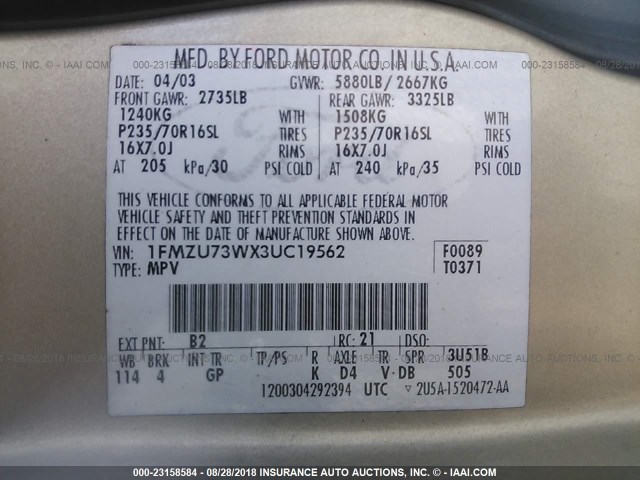 1FMZU73WX3UC19562 - 2003 FORD EXPLORER XLT/XLT SPORT/NBX 金色 照片 9