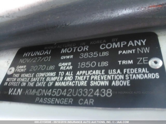 KMHDN45D42U332438 - 2002 HYUNDAI ELANTRA GLS/GT WHITE photo 9