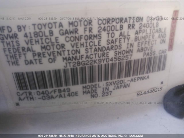 JT2BG22K9Y0456257 - 2000 TOYOTA CAMRY CE/LE/XLE WHITE photo 9