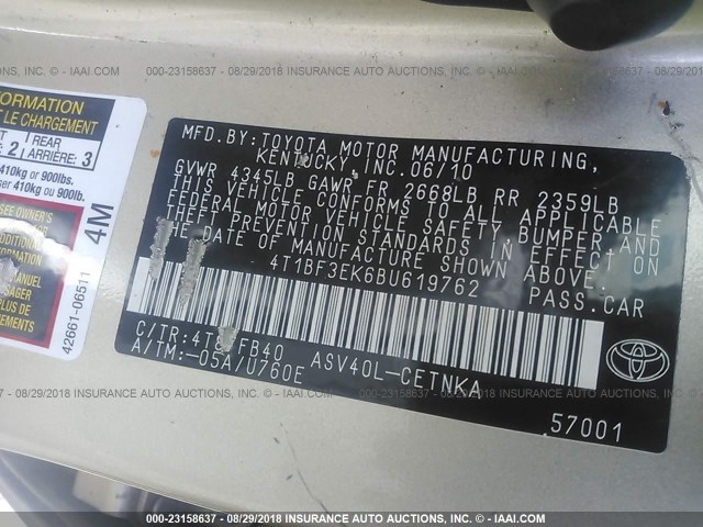 4T1BF3EK6BU619762 - 2011 TOYOTA CAMRY SE/LE/XLE 金色 照片 9