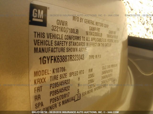 1GYFK63887R323043 - 2007 CADILLAC ESCALADE LUXURY Champagne photo 9