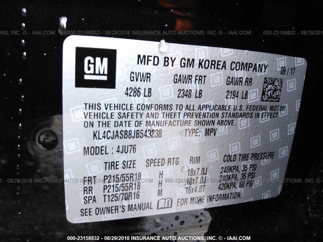 KL4CJASB8JB543238 - 2018 BUICK ENCORE PREFERRED Қара фото 9