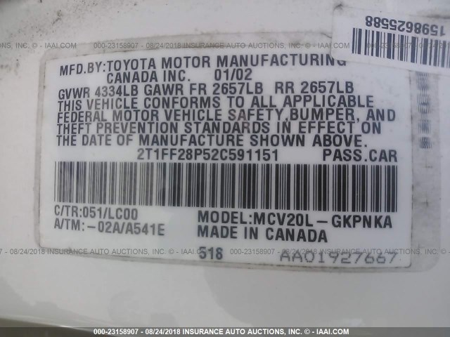 2T1FF28P52C591151 - 2002 TOYOTA CAMRY SOLARA SE/SLE Ağ foto 9
