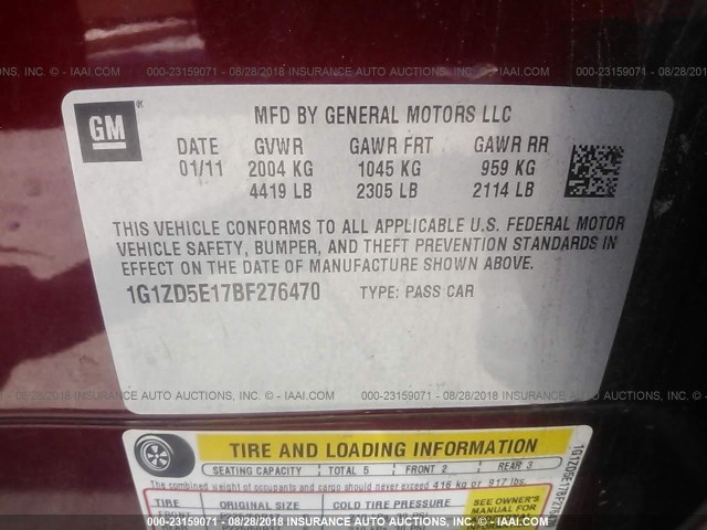 1G1ZD5E17BF276470 - 2011 CHEVROLET MALIBU 2LT RED photo 9