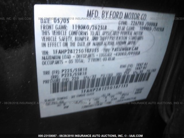 1FAHP28125G187155 - 2005 FORD FIVE HUNDRED LIMITED BLACK photo 9