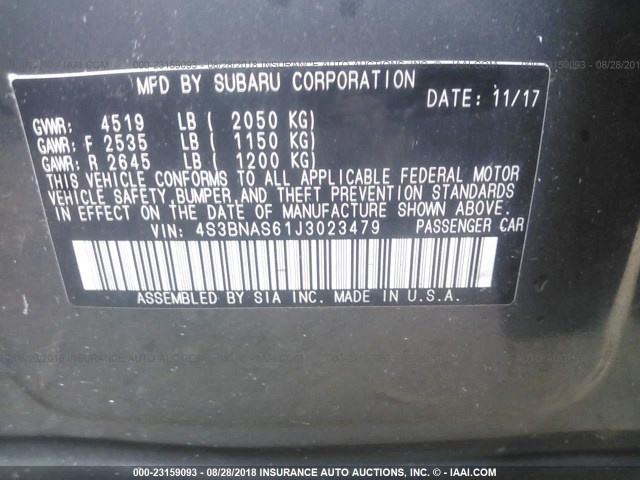 4S3BNAS61J3023479 - 2018 SUBARU LEGACY SPORT GRAY photo 9