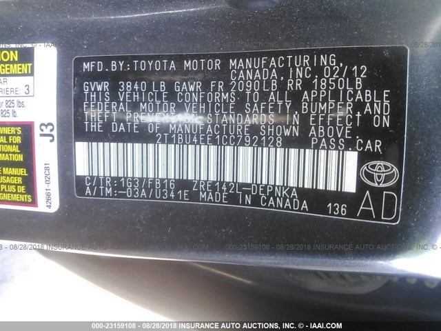 2T1BU4EE1CC792128 - 2012 TOYOTA COROLLA S/LE GRAY photo 9