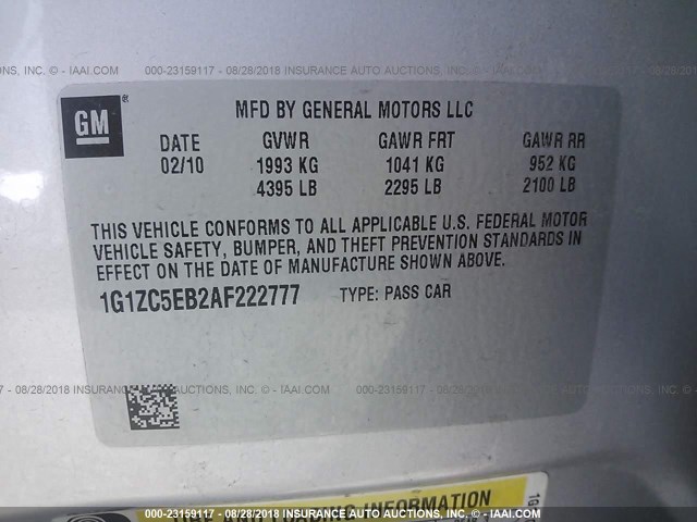 1G1ZC5EB2AF222777 - 2010 CHEVROLET MALIBU 1LT ვერცხლისფერი ფოტო 9