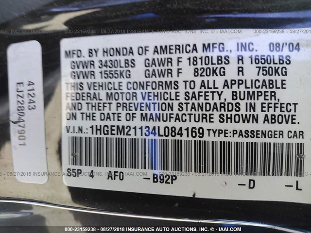 1HGEM21134L084169 - 2004 HONDA CIVIC DX VP BLACK photo 9