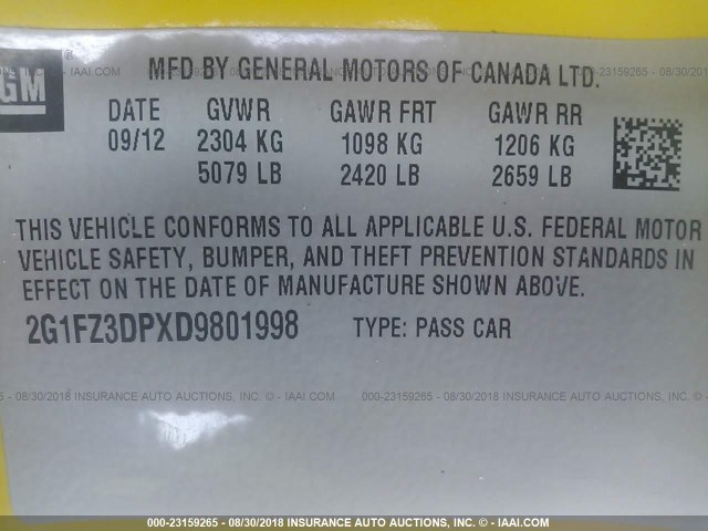 2G1FZ3DPXD9801998 - 2013 CHEVROLET CAMARO ZL1 YELLOW photo 9