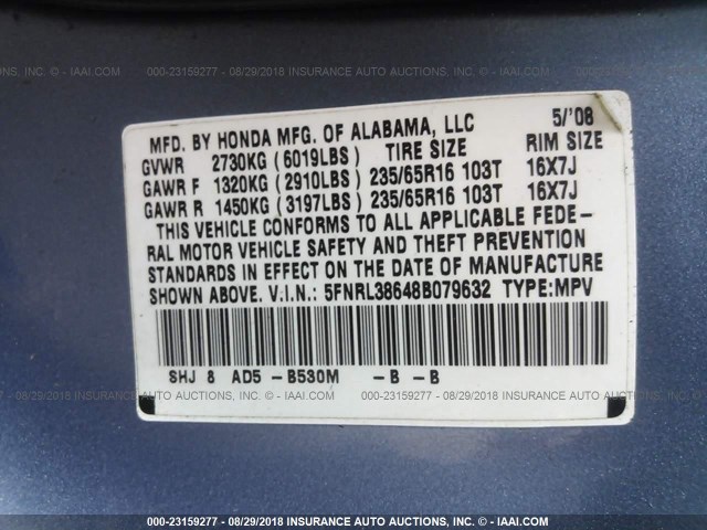 5FNRL38648B079632 - 2008 HONDA ODYSSEY EXL BLUE photo 9