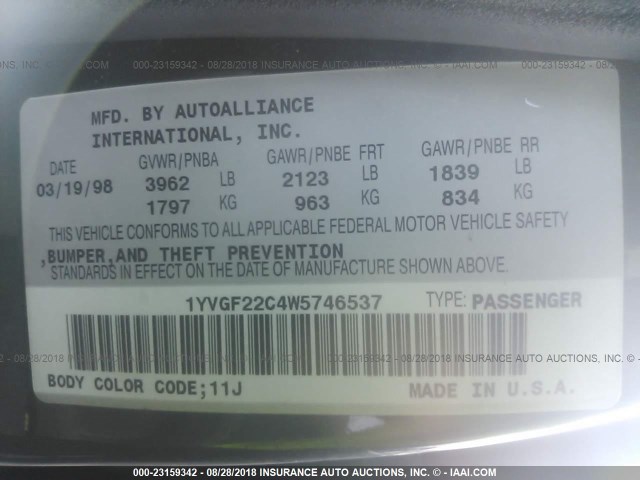 1YVGF22C4W5746537 - 1998 MAZDA 626 DX/LX GREEN photo 9