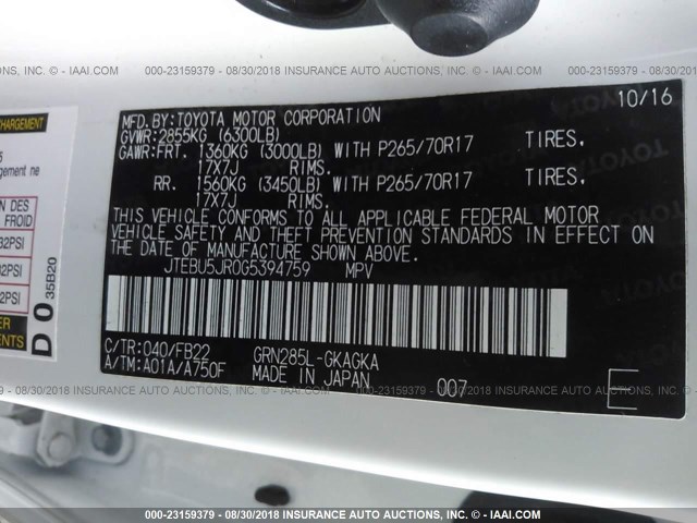 JTEBU5JR0G5394759 - 2016 TOYOTA 4RUNNER SR5 PREM/LTDL/TRAIL/TRD Biały zdjęcie 9