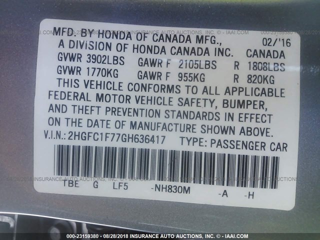 2HGFC1F77GH636417 - 2016 HONDA CIVIC EXL 银色 照片 9