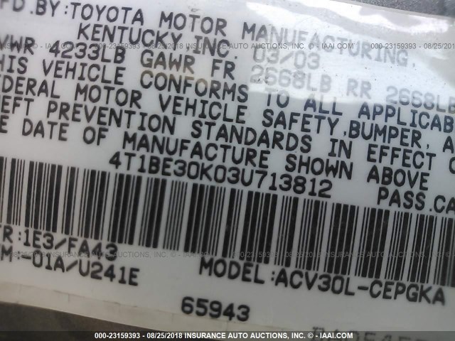 4T1BE30K03U713812 - 2003 TOYOTA CAMRY LE/XLE/SE Boz foto 9