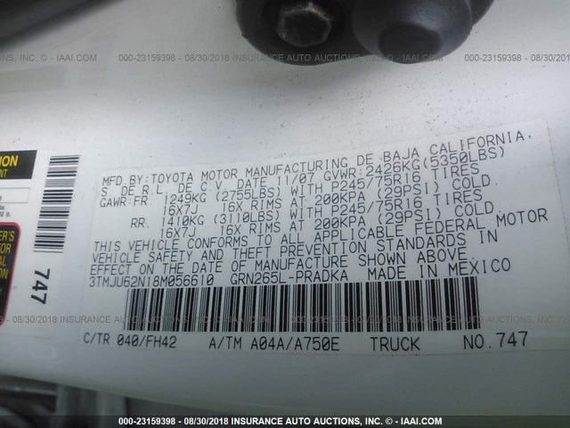 3TMJU62N18M056610 - 2008 TOYOTA TACOMA DOUBLE CAB PRERUNNER WHITE photo 9