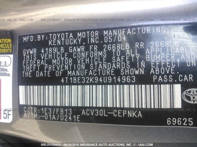 4T1BE32K94U914963 - 2004 TOYOTA CAMRY LE/XLE/SE Сұр фото 9