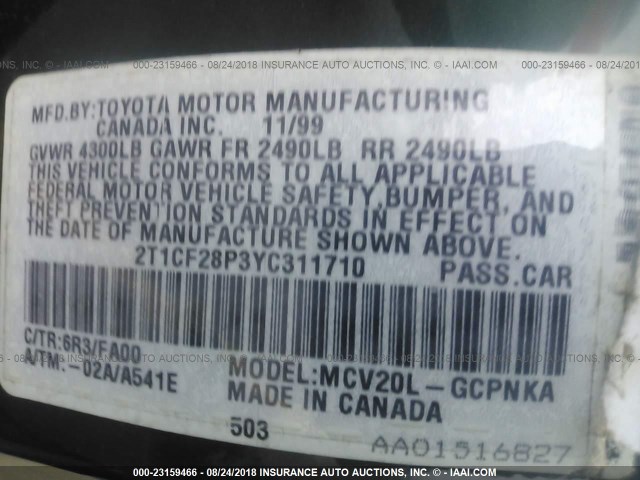 2T1CF28P3YC311710 - 2000 TOYOTA CAMRY SOLARA SE/SLE Yaşıl foto 9