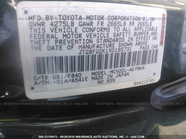 JT2BF22K1X0185731 - 1999 TOYOTA CAMRY LE/XLE GREEN photo 9