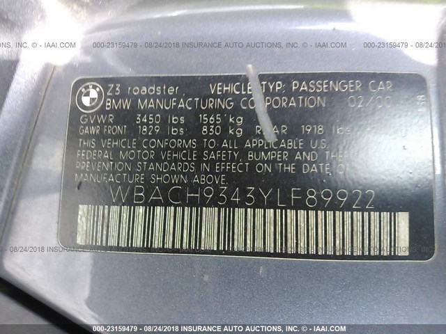 WBACH9343YLF89922 - 2000 BMW Z3 2.3 BLUE photo 9