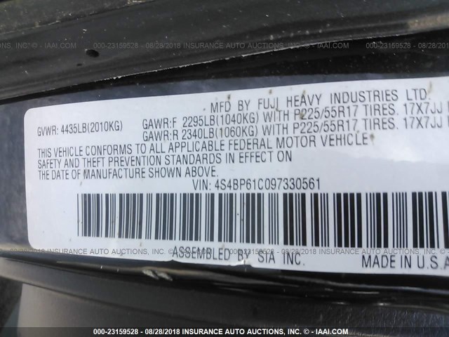 4S4BP61C097330561 - 2009 SUBARU OUTBACK 2.5I BLACK photo 9