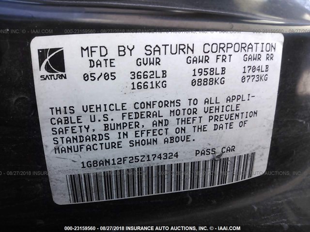 1G8AN12F25Z174324 - 2005 SATURN ION LEVEL 2 SILVER photo 9