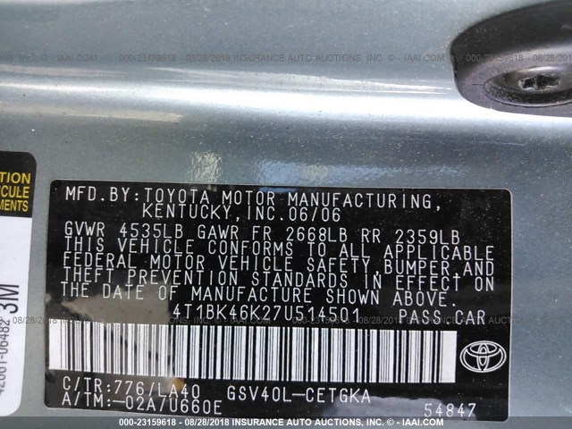 4T1BK46K27U514501 - 2007 TOYOTA CAMRY NEW GENERAT LE/XLE/SE GREEN photo 9