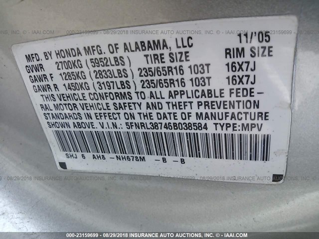 5FNRL38746B038584 - 2006 HONDA ODYSSEY EXL SILVER photo 9