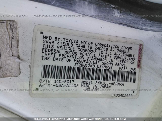 JT2BG12K8T0348098 - 1996 TOYOTA CAMRY DX/LE/XLE WHITE photo 9