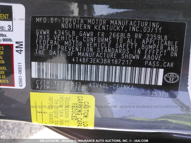 4T4BF3EK3BR187217 - 2011 TOYOTA CAMRY SE/LE/XLE ნაცრისფერი ფოტო 9
