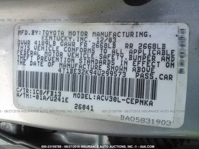 4T1BE32K94U299573 - 2004 TOYOTA CAMRY LE/XLE/SE 银色 照片 9