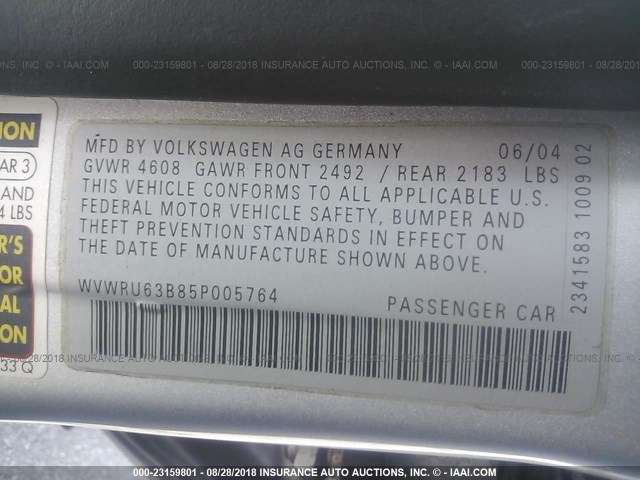 WVWRU63B85P005764 - 2005 VOLKSWAGEN PASSAT GLX SILVER photo 9