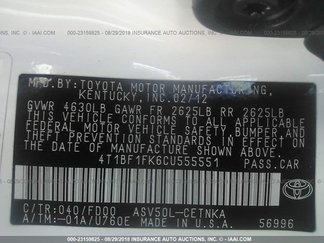 4T1BF1FK6CU555551 - 2012 TOYOTA CAMRY SE/LE/XLE თეთრი ფოტო 9