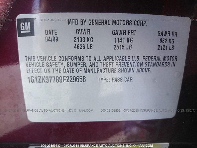 1G1ZK57789F229658 - 2009 CHEVROLET MALIBU LTZ 栗色 照片 9