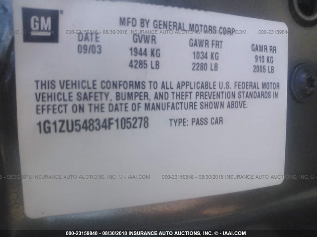 1G1ZU54834F105278 - 2004 CHEVROLET MALIBU LT GRAY photo 9