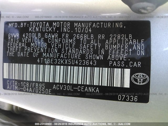 4T1BE32KX5U423643 - 2005 TOYOTA CAMRY LE/XLE/SE 银色 照片 9