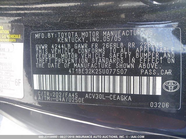 4T1BE32K25U077507 - 2005 TOYOTA CAMRY LE/XLE/SE 黑色 照片 9