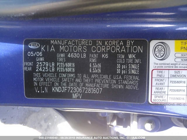 KNDJF723067281607 - 2006 KIA NEW SPORTAGE  BLUE photo 9