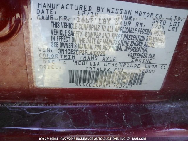 3N1CE2CP3FL403729 - 2015 NISSAN VERSA NOTE S/S PLUS/SV/SL/SR RED photo 9