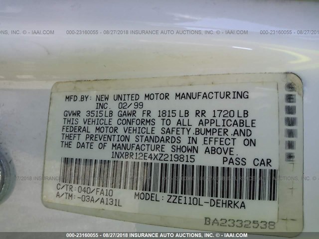 1NXBR12E4XZ219815 - 1999 TOYOTA COROLLA VE/CE/LE 白色 照片 9