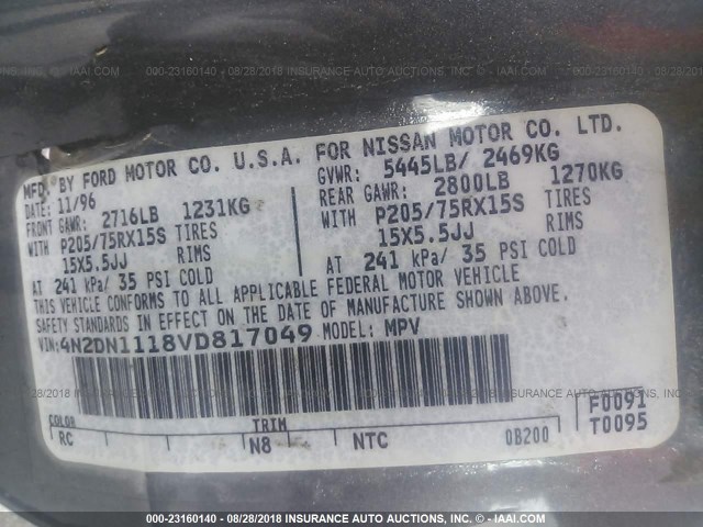 4N2DN1118VD817049 - 1997 NISSAN QUEST XE/GXE GRAY photo 9