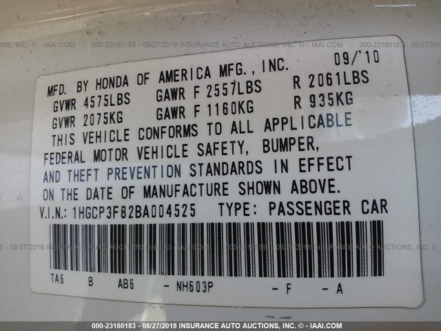 1HGCP3F82BA004525 - 2011 HONDA ACCORD EXL WHITE photo 9