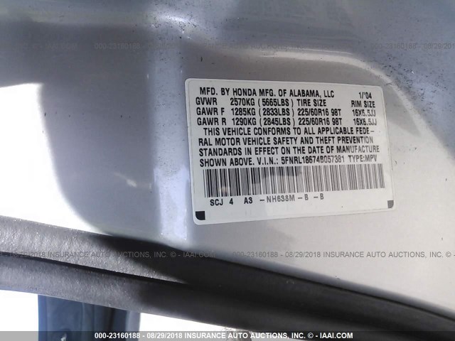 5FNRL18674B057381 - 2004 HONDA ODYSSEY EX 灰色 照片 9