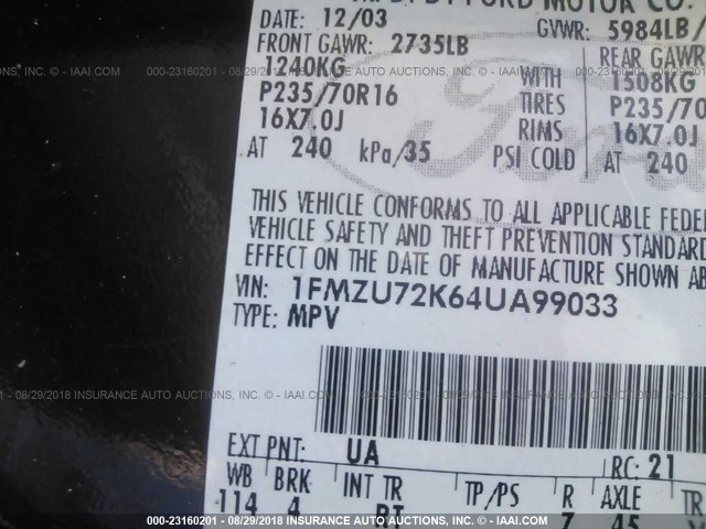 1FMZU72K64UA99033 - 2004 FORD EXPLORER XLS/XLS SPORT BLACK photo 9