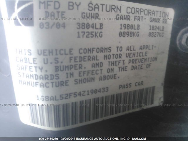 1G8AL52F54Z190433 - 2004 SATURN ION LEVEL 3 BLACK photo 9