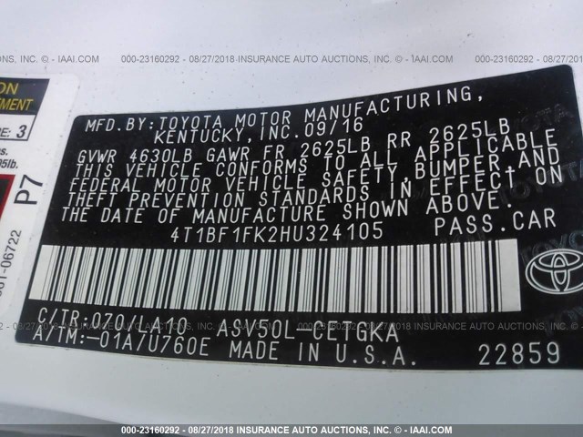 4T1BF1FK2HU324105 - 2017 TOYOTA CAMRY LE/XLE/SE/XSE 白色 照片 9