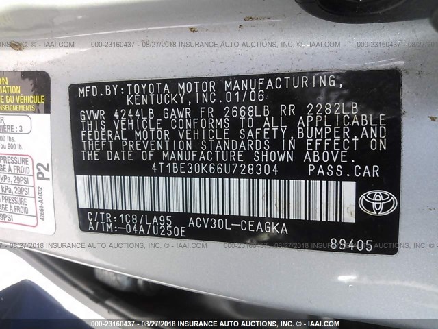 4T1BE30K66U728304 - 2006 TOYOTA CAMRY LE/XLE/SE 银色 照片 9